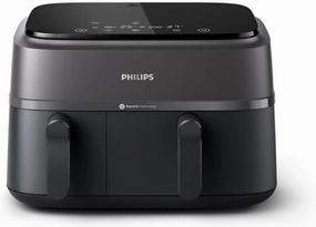 Philips Dual Basket Air Fryer 3000 Series, 8-in-1 functions, 9.5 Quarts, 2 Drawers, Auto-sync Cooking Time, 90% Less Fat, Rapid Air Technology, HomeID Recipe App, Dishwasher Safe, Black, (NA350/00)