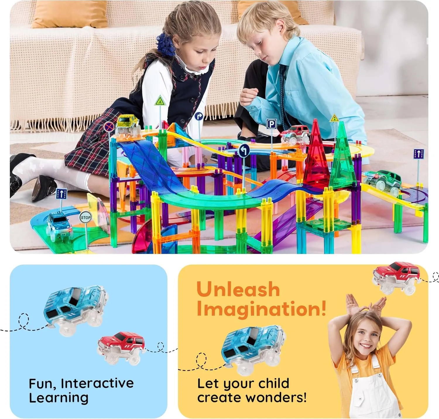 PicassoTiles 50 Piece Race Car Track Building Block Educational Toy Set Magnetic Tiles Magnet DIY Playset 2 Light Up STEM Learning Construction Kit Hand-Eye Coordination Fine Motor Skill Training