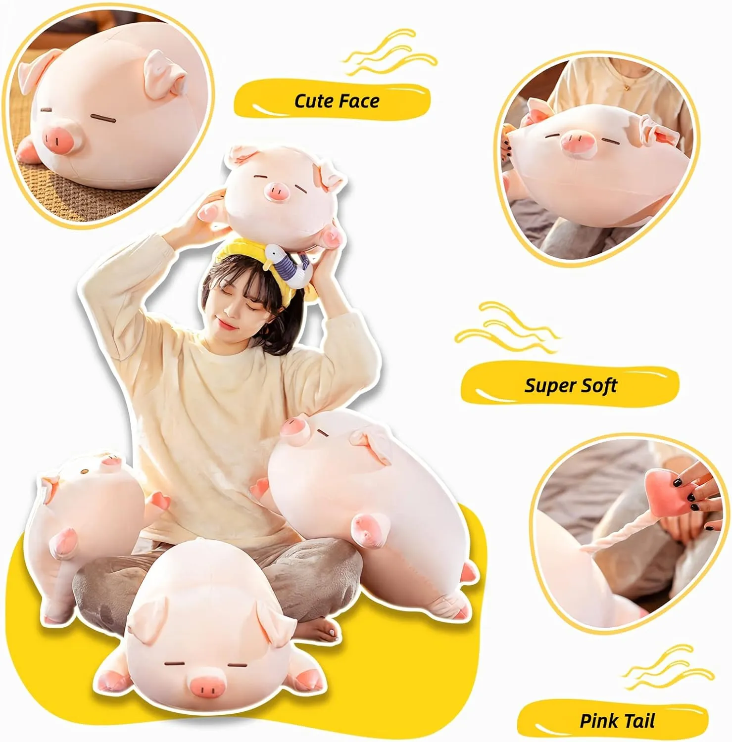 Pig Stuffed Animal Plush Pillow - 15.7'' Kawaii Soft Pig Hugging Pillow, Adorable Cuddle Plush Toy, for Kids, Girlfriend, or Adults, Perfect for Christmas and Birthdays (Squint, 15.7in)