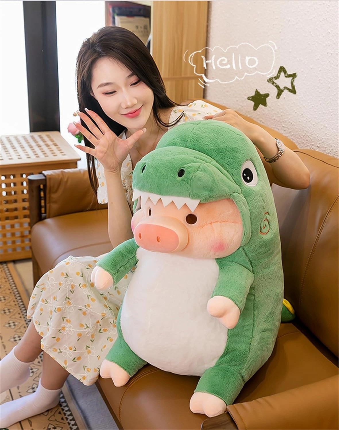 Pig Plush Stuffed Toy Pig Dressed as Shark Dinosaur Cute Plush Pillow for Boys Girls (Green, 12.9 in)