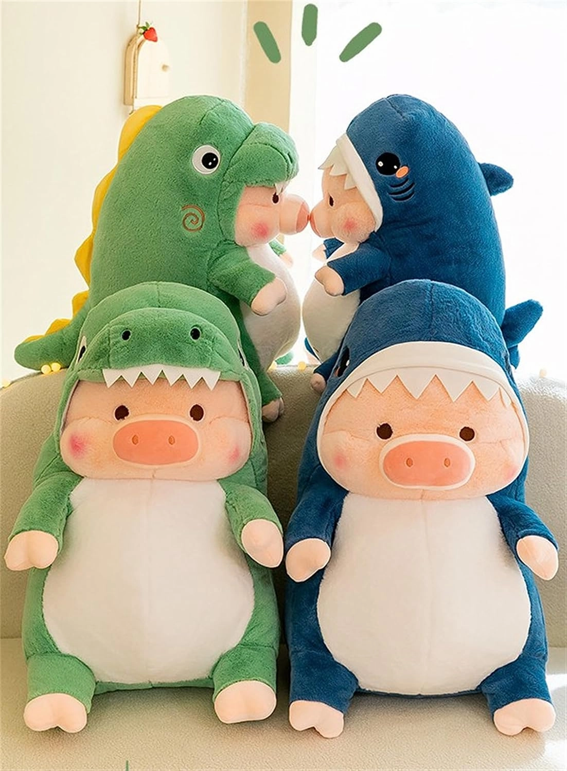 Pig Plush Stuffed Toy Pig Dressed as Shark Dinosaur Cute Plush Pillow for Boys Girls (Green, 12.9 in)