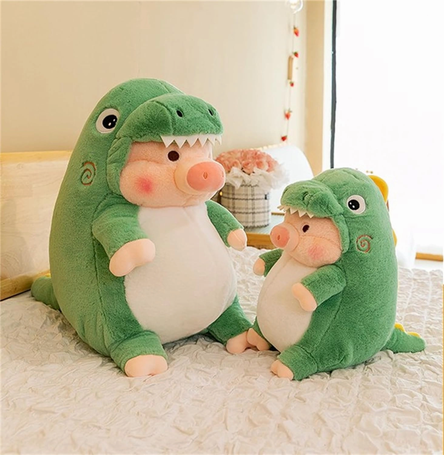 Pig Plush Stuffed Toy Pig Dressed as Shark Dinosaur Cute Plush Pillow for Boys Girls (Green, 12.9 in)