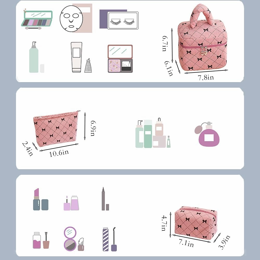 Pink Bow Puffy Square Makeup Bag Set Corduroy Checkered Waffle Makeup Bag With Handle Pink Cute Quilted Travel Toiletry Bag For Women 3 Piece Of Large Midium Small