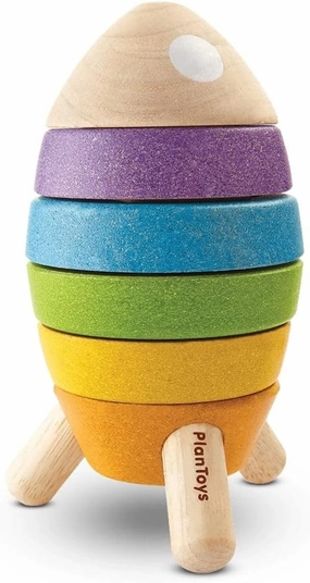 PlanToys Wooden Sorting and Stacking Rocket with Astronaut (5694) | Sustainably Made from Rubberwood and Non-Toxic Paints and Dyes | Eco-Friendly PlanWood