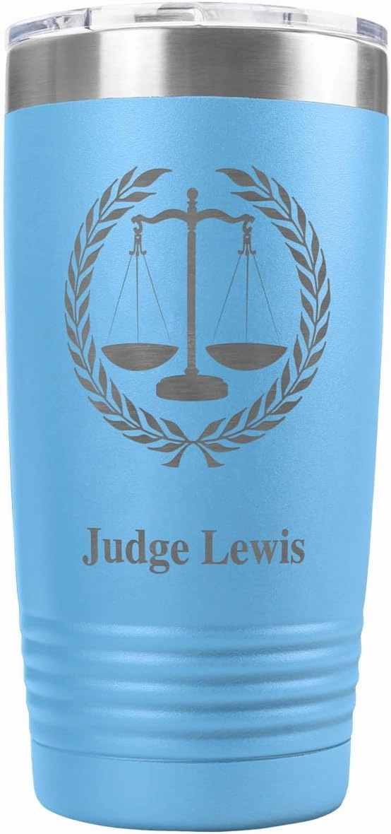 PlaqueMaker Personalized Coffee Tumbler with Scales of Justice - Great for Lawyers, Attorneys, Judges, Law Clerks, Legal Students, Paralegals and Legal Secretaries (Light Blue)