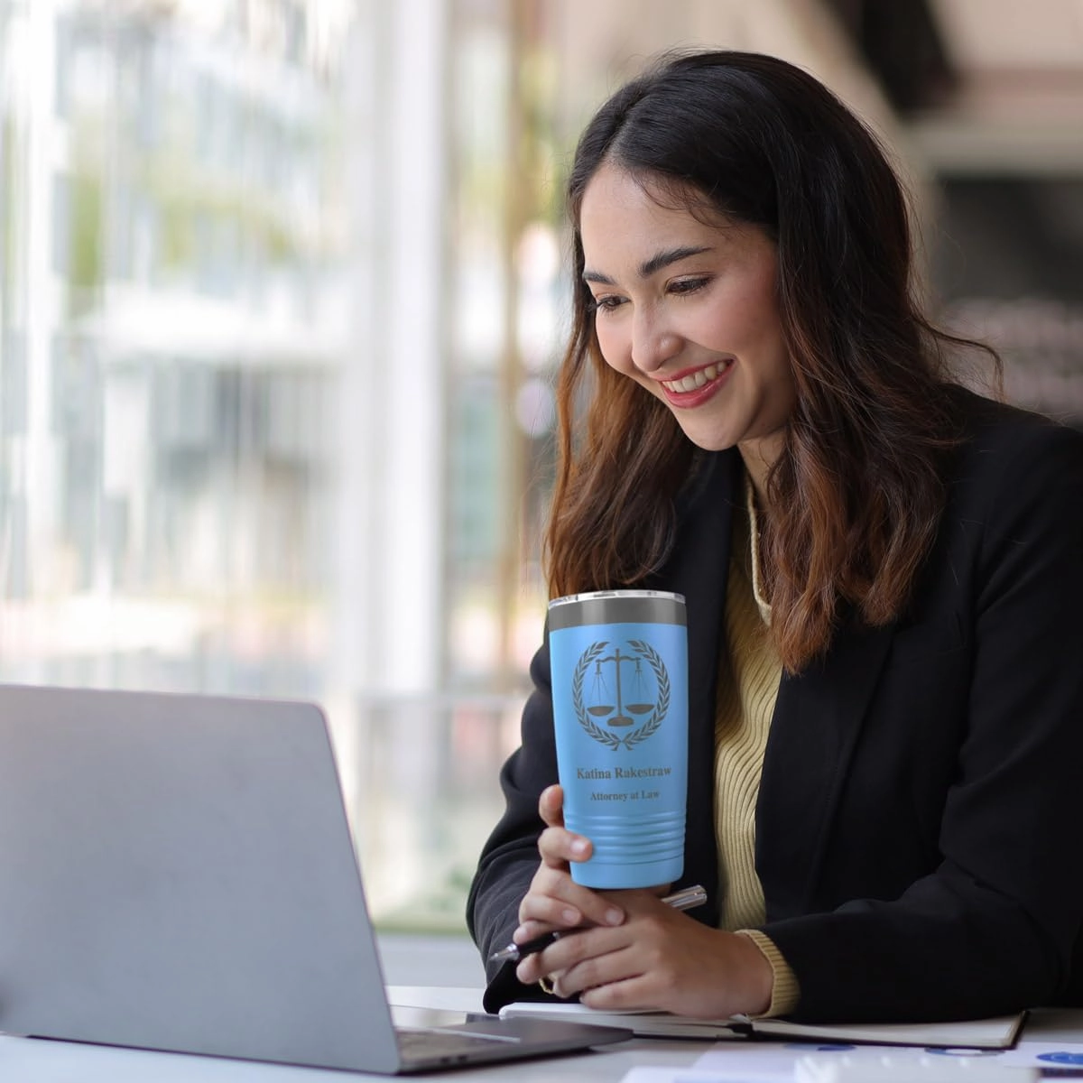 PlaqueMaker Personalized Coffee Tumbler with Scales of Justice - Great for Lawyers, Attorneys, Judges, Law Clerks, Legal Students, Paralegals and Legal Secretaries (Light Blue)