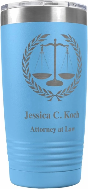 PlaqueMaker Personalized Coffee Tumbler with Scales of Justice - Great for Lawyers, Attorneys, Judges, Law Clerks, Legal Students, Paralegals and Legal Secretaries (Light Blue)