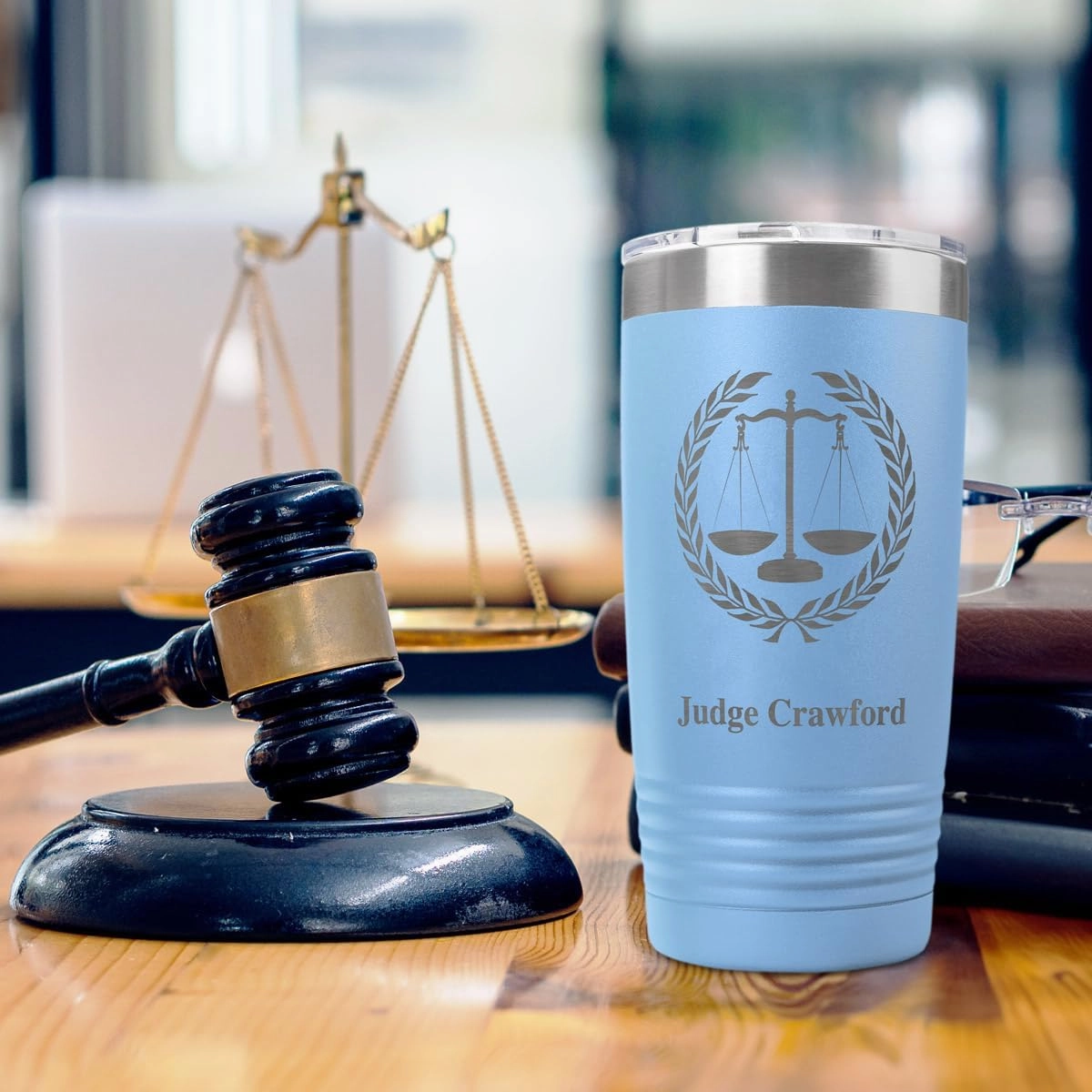 PlaqueMaker Personalized Coffee Tumbler with Scales of Justice - Great for Lawyers, Attorneys, Judges, Law Clerks, Legal Students, Paralegals and Legal Secretaries (Light Blue)