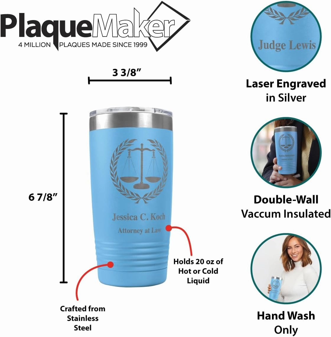PlaqueMaker Personalized Coffee Tumbler with Scales of Justice - Great for Lawyers, Attorneys, Judges, Law Clerks, Legal Students, Paralegals and Legal Secretaries (Light Blue)