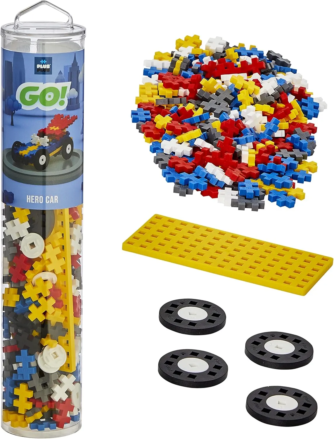 Plus Plus Color Cars Tube, Car Building Block Kit, 3D Puzzle Stem Toy Set for Kids, 200 Mini Interlocking Pieces - Hero