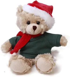 Plushland Customize Shirt Xmas Soft Mocha Chocolate Beige Teddy Bear, Christmas Hat and Scarf Stuffed Animal Holiday Toys Custom Accessories – A Perfect Toy Gift for Kids 6 Inch (Beige-Green)