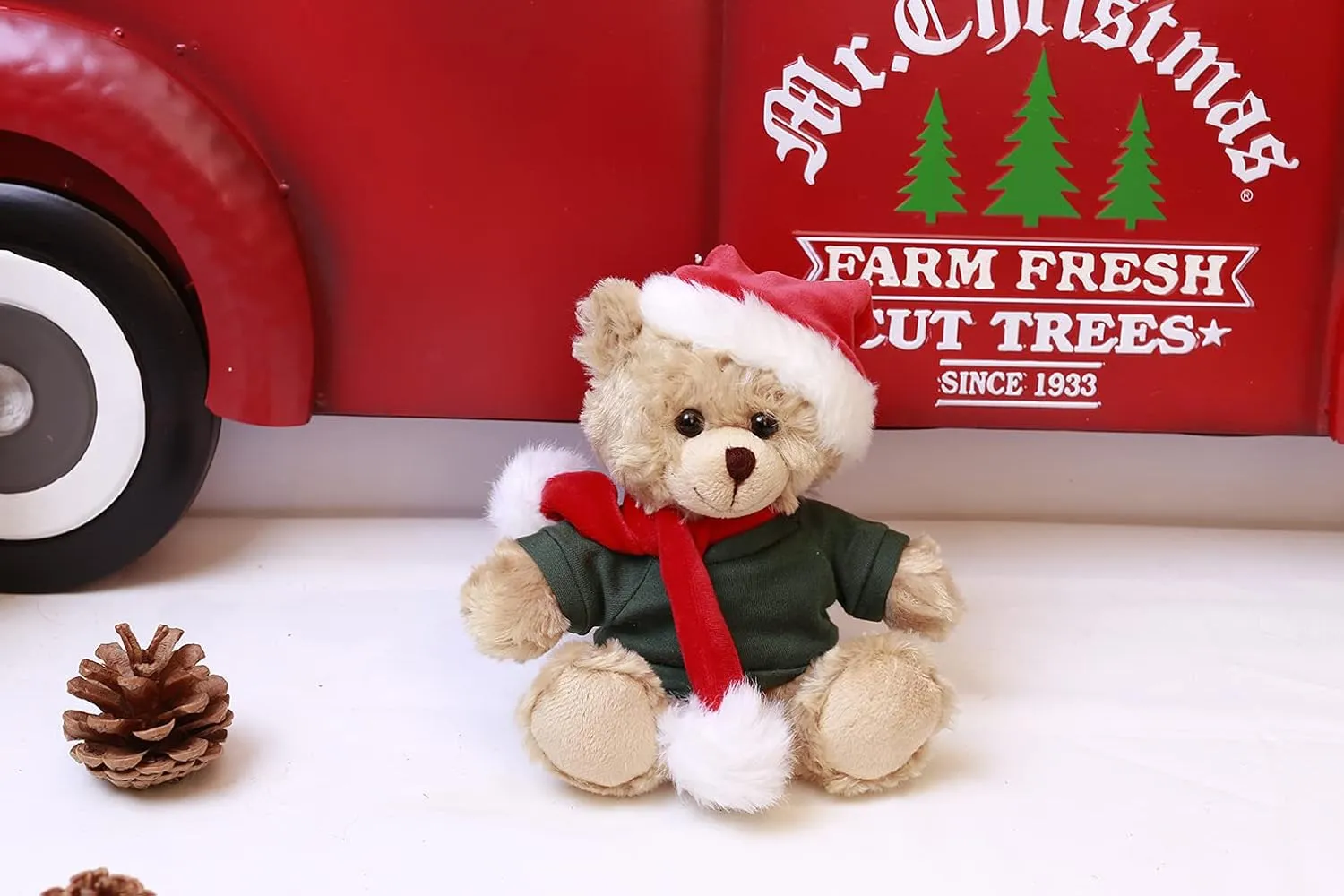 Plushland Customize Shirt Xmas Soft Mocha Chocolate Beige Teddy Bear, Christmas Hat and Scarf Stuffed Animal Holiday Toys Custom Accessories – A Perfect Toy Gift for Kids 6 Inch (Beige-Green)