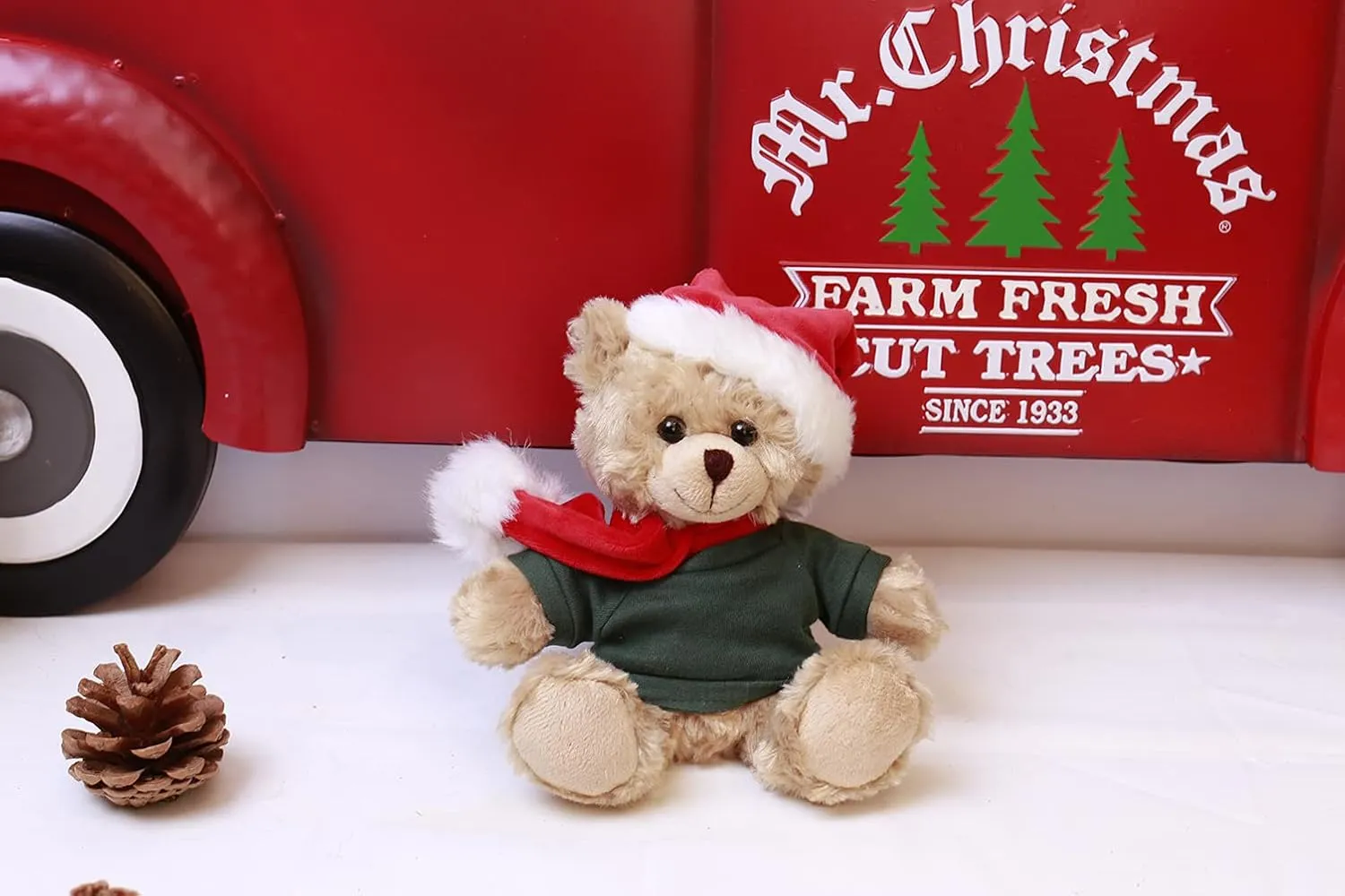 Plushland Customize Shirt Xmas Soft Mocha Chocolate Beige Teddy Bear, Christmas Hat and Scarf Stuffed Animal Holiday Toys Custom Accessories – A Perfect Toy Gift for Kids 6 Inch (Beige-Green)