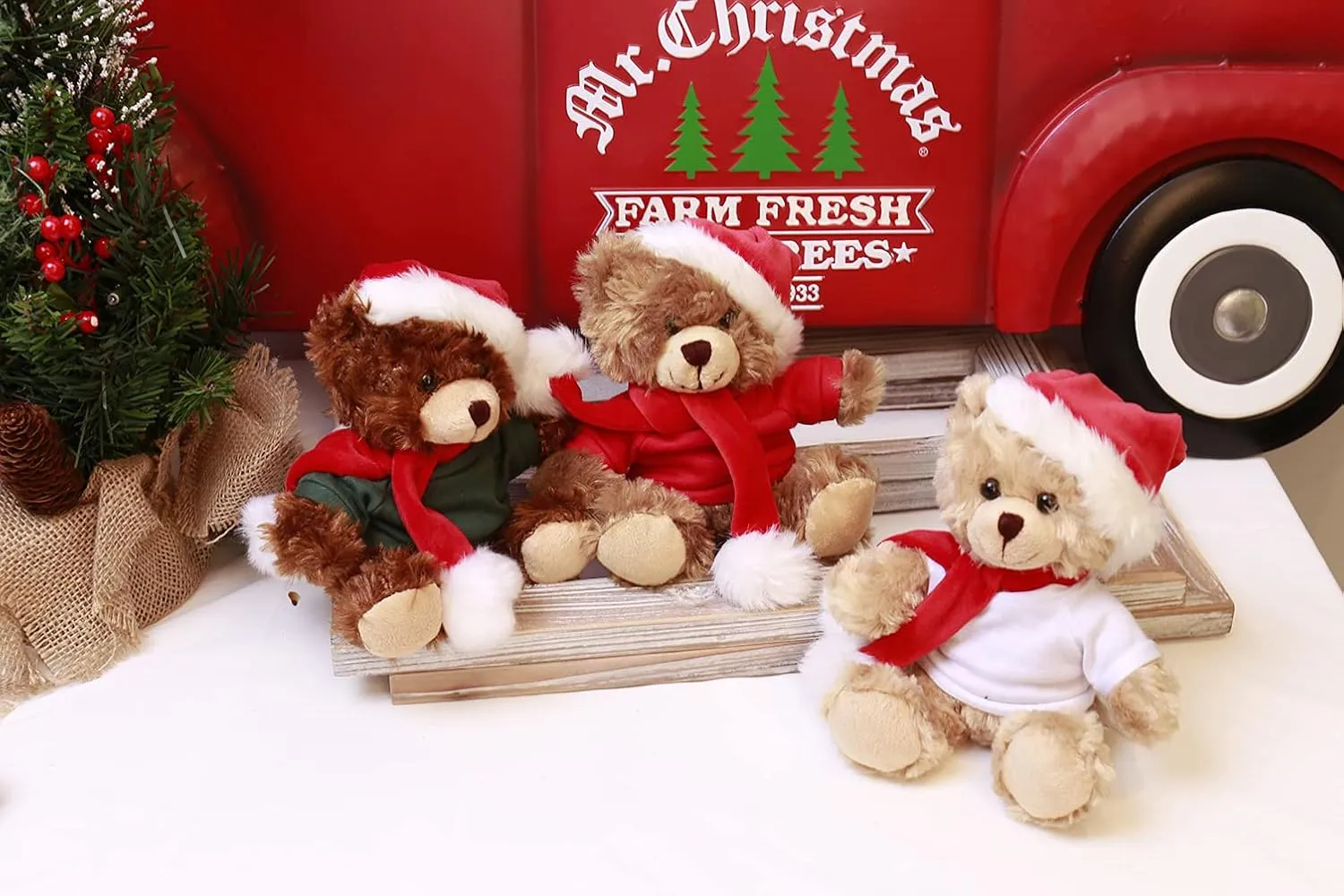Plushland Customize Shirt Xmas Soft Mocha Chocolate Beige Teddy Bear, Christmas Hat and Scarf Stuffed Animal Holiday Toys Custom Accessories – A Perfect Toy Gift for Kids 6 Inch (Beige-Green)