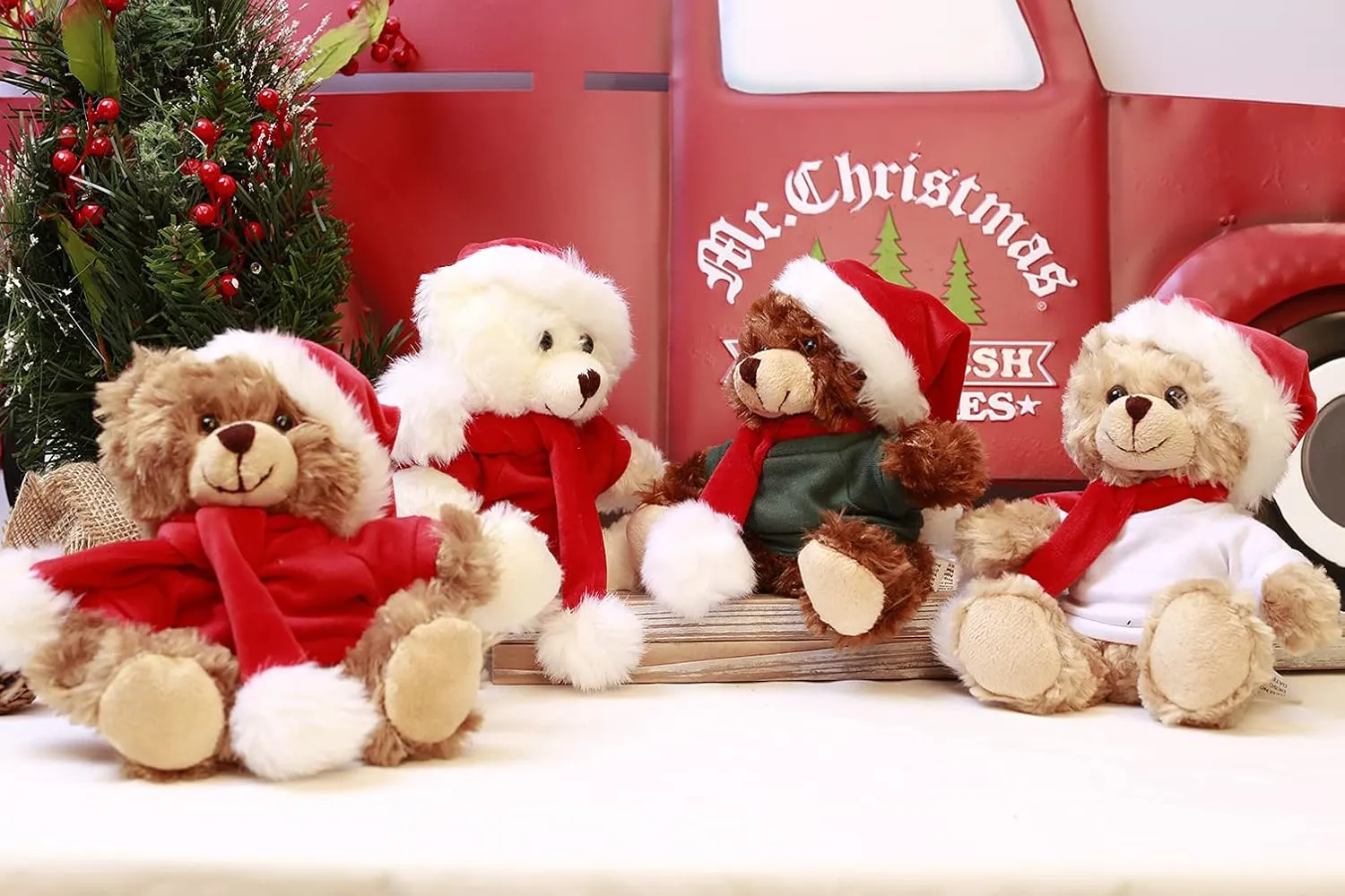 Plushland Customize Shirt Xmas Soft Mocha Chocolate Beige Teddy Bear, Christmas Hat and Scarf Stuffed Animal Holiday Toys Custom Accessories – A Perfect Toy Gift for Kids 6 Inch (Beige-Green)