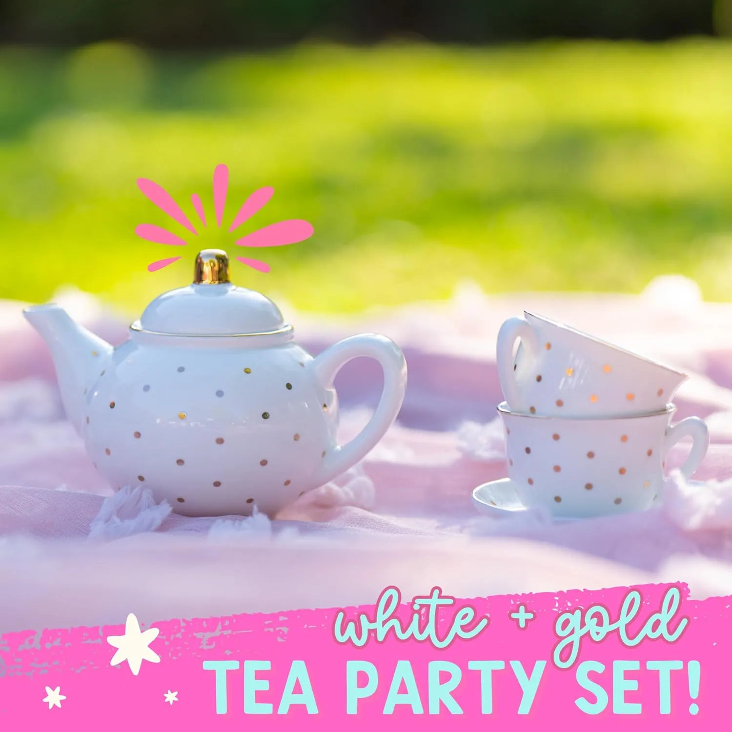 Porcelain Tea Set for Girls - White with Gold Polka Dots Tea Party Set for Kids I Complete Children Tea Sets with Carry Case, Teapot, Cups and More, Birthday Gift for Little Girls & Toddlers
