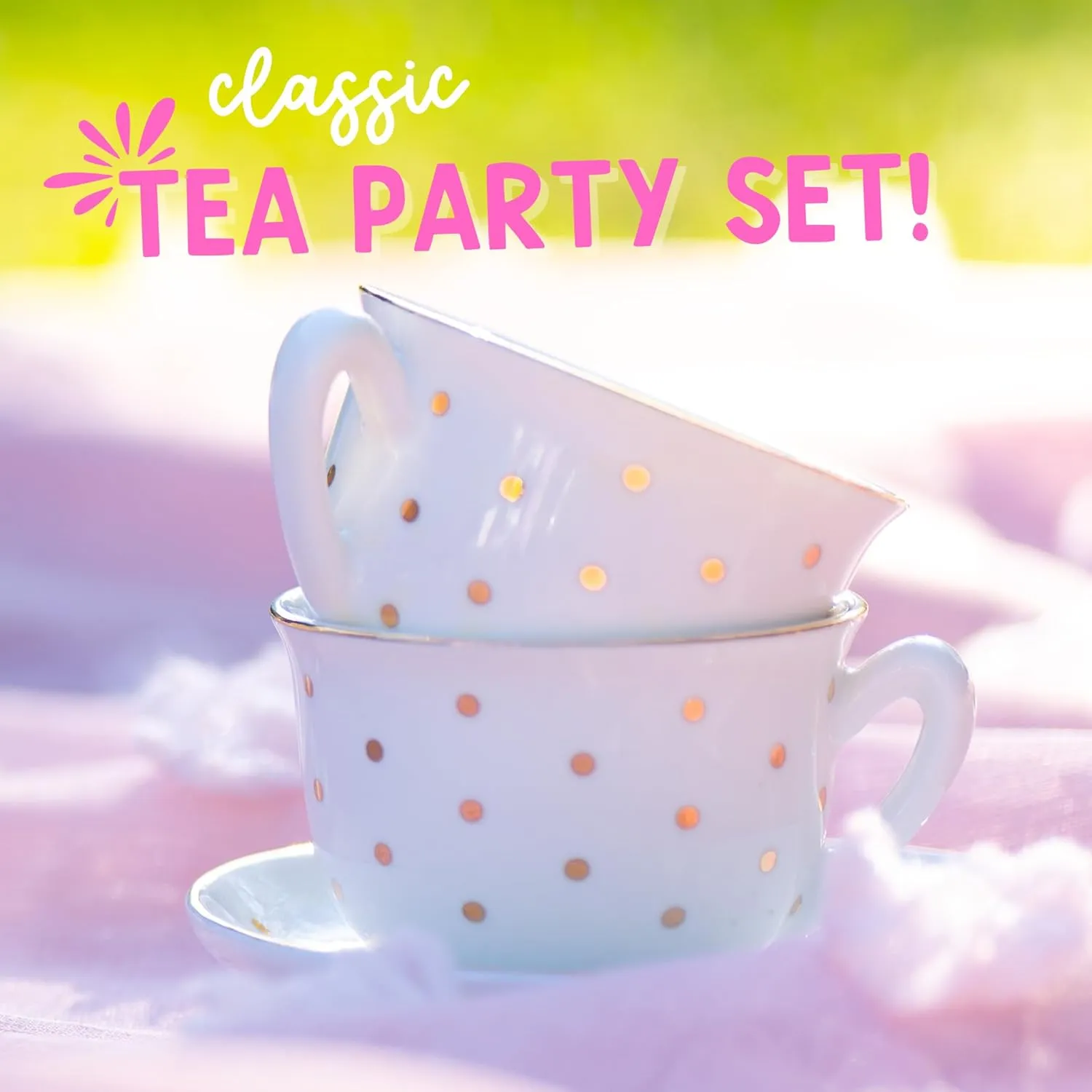 Porcelain Tea Set for Girls - White with Gold Polka Dots Tea Party Set for Kids I Complete Children Tea Sets with Carry Case, Teapot, Cups and More, Birthday Gift for Little Girls & Toddlers