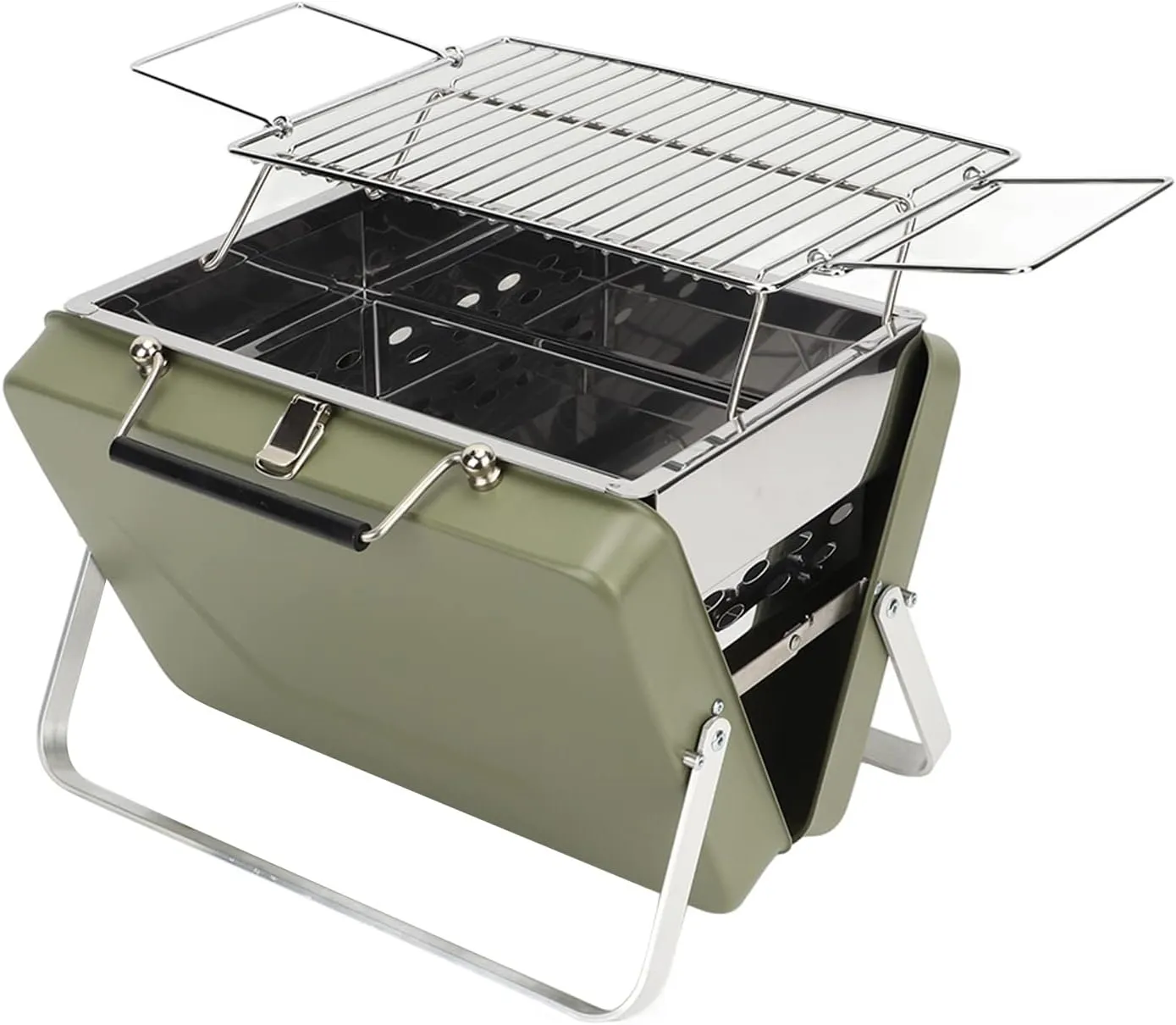 Portable Folding Charcoal BBQ Grill, Stainless Steel Notebook Grill for Camping, Outdoor Cooking, Backyard, Picnic, Easy Setup and Storage(Green)