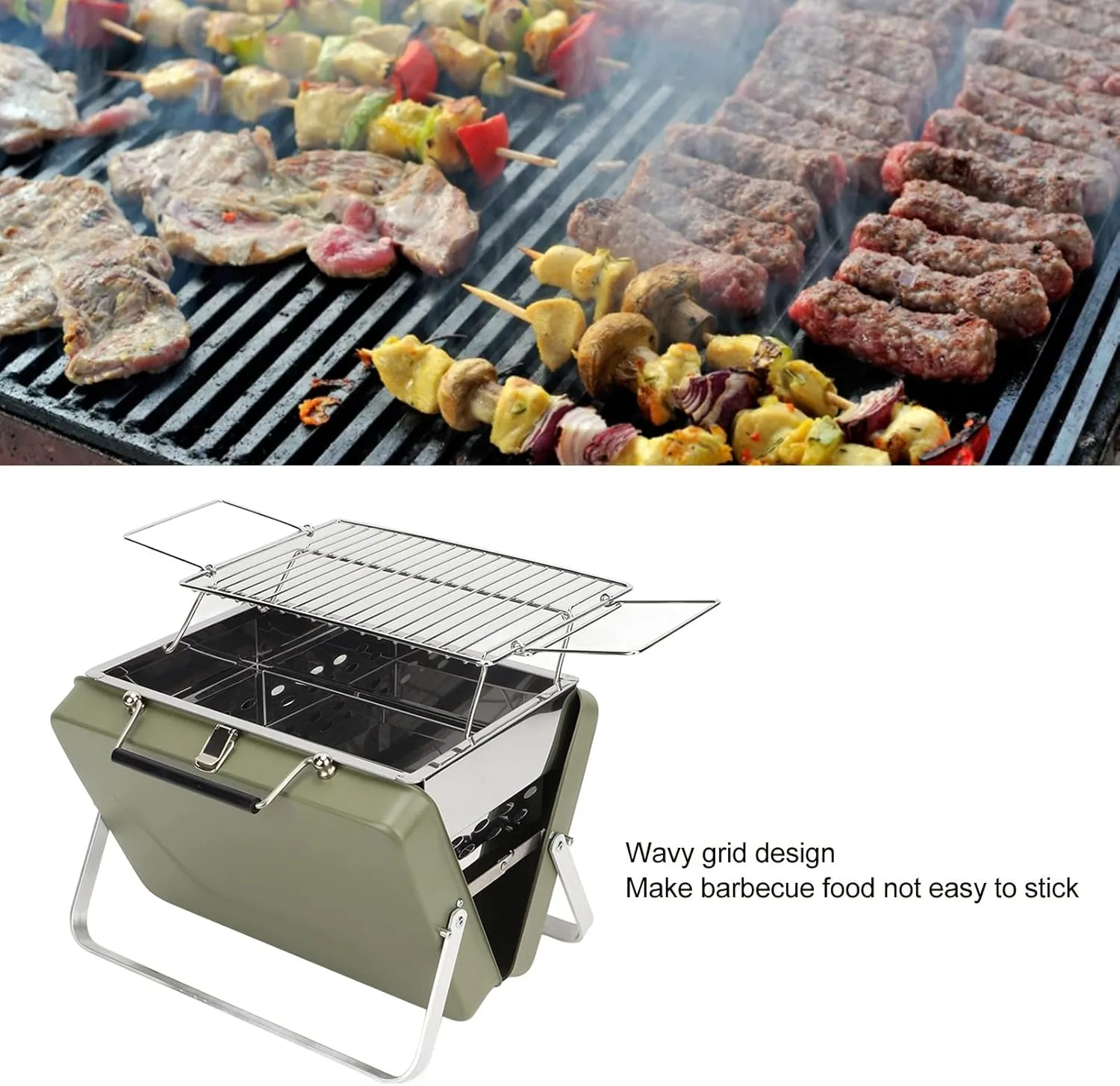Portable Folding Charcoal BBQ Grill, Stainless Steel Notebook Grill for Camping, Outdoor Cooking, Backyard, Picnic, Easy Setup and Storage(Green)