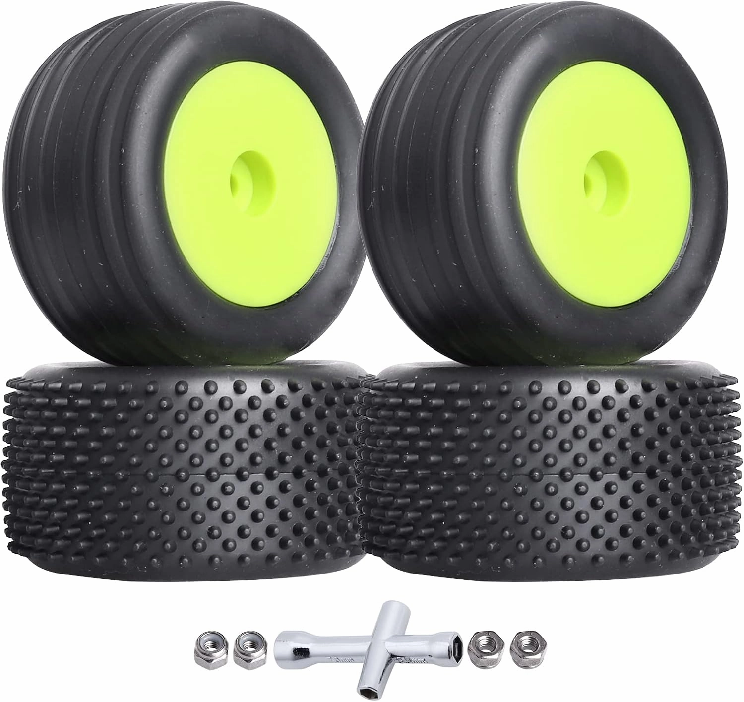 Preglued Tires and Wheels Front & Rear for Losi Mini-T 2.0 (Green Rims)