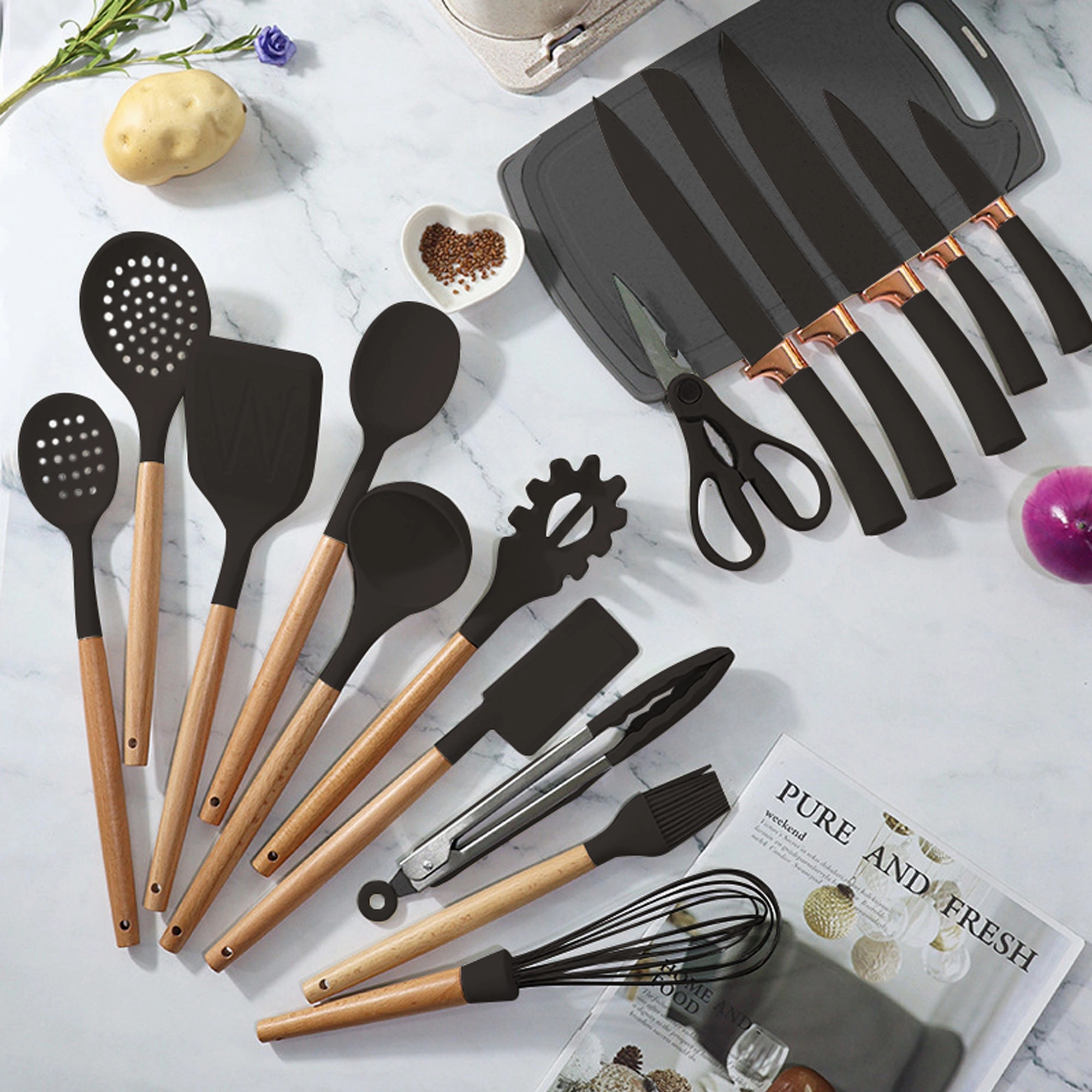 Premium 19-Piece Cooking Utensils and Knife Block Set with Mini Cutting Board