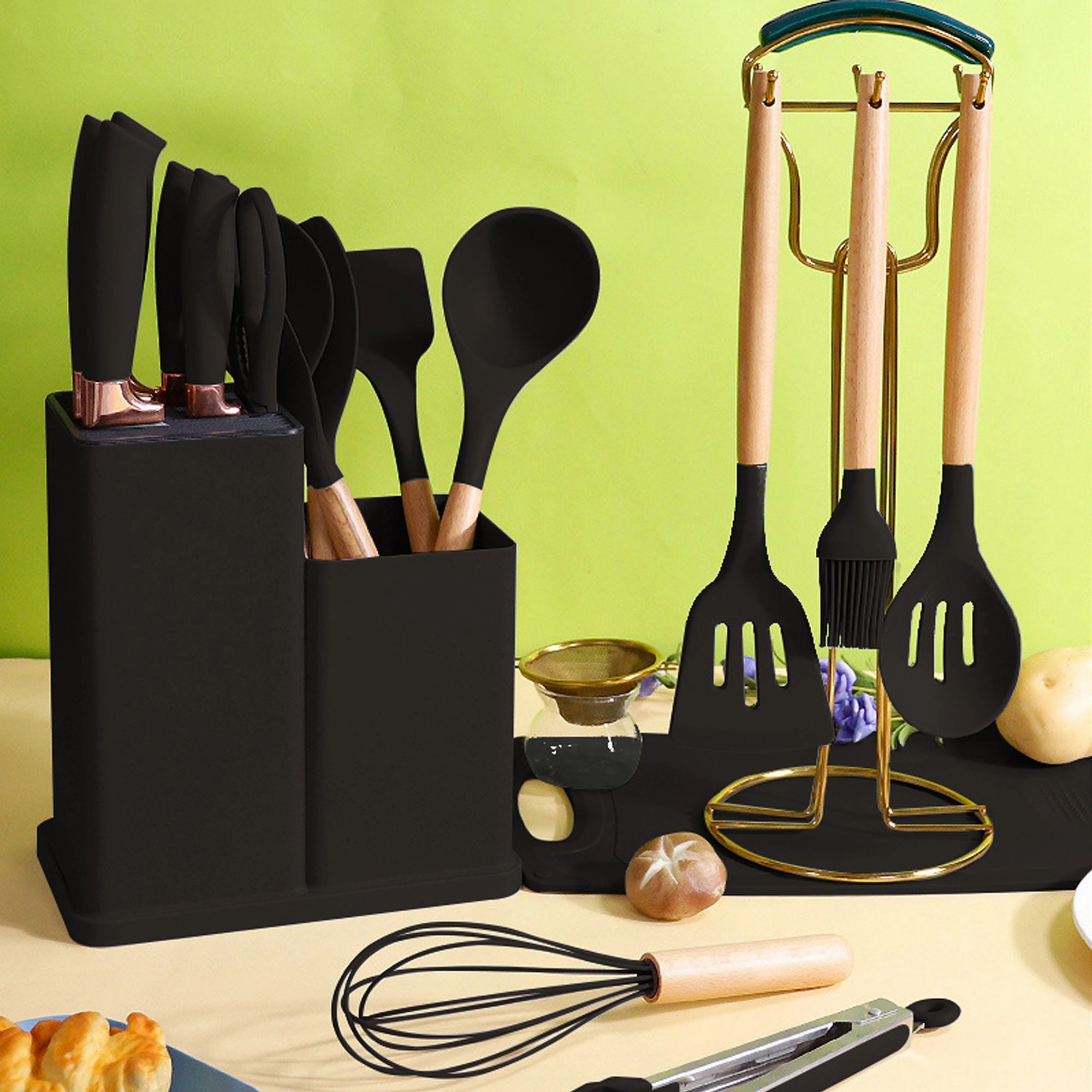 Premium 19-Piece Cooking Utensils and Knife Block Set with Mini Cutting Board