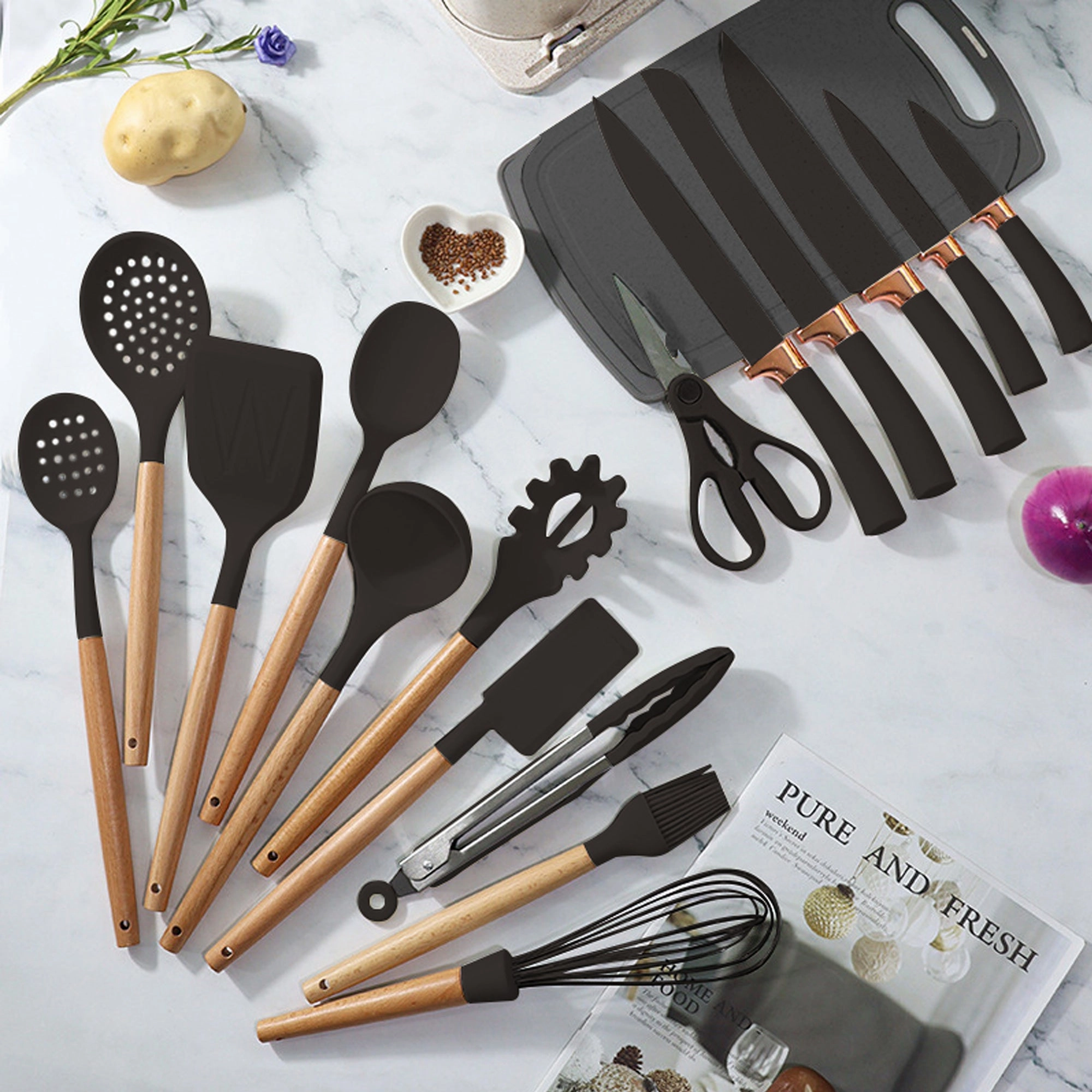 Premium 19-Piece Cooking Utensils and Knife Block Set with Mini Cutting Board