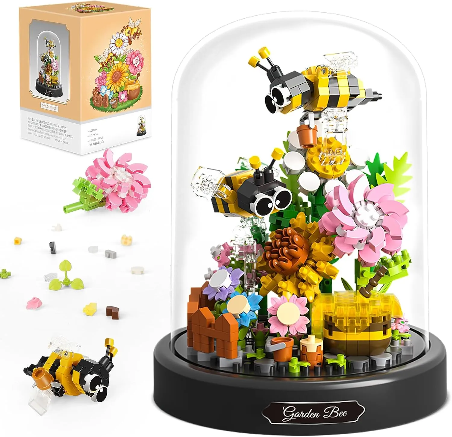 QLT QIAOLETONG Flower Bouquet Building Sets, 588 PCS Animals Flowers Botanical Collection Mini Bricks Building Blocks Toy for Adults, Valentine's Day for Her Mom Women Wife Girlfriend (Bee)
