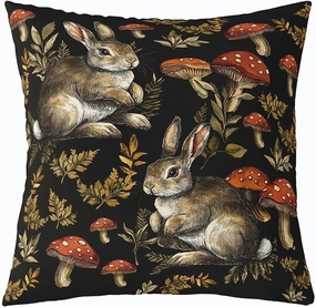 Rabbit Throw Pillow Cover 18x18 Inch Jungle Red Mushroom Green Leaves Cushion Cover for Kids Teens Adults Cute Wild Animal Rustic Style Pillow Case for Living Room Bed