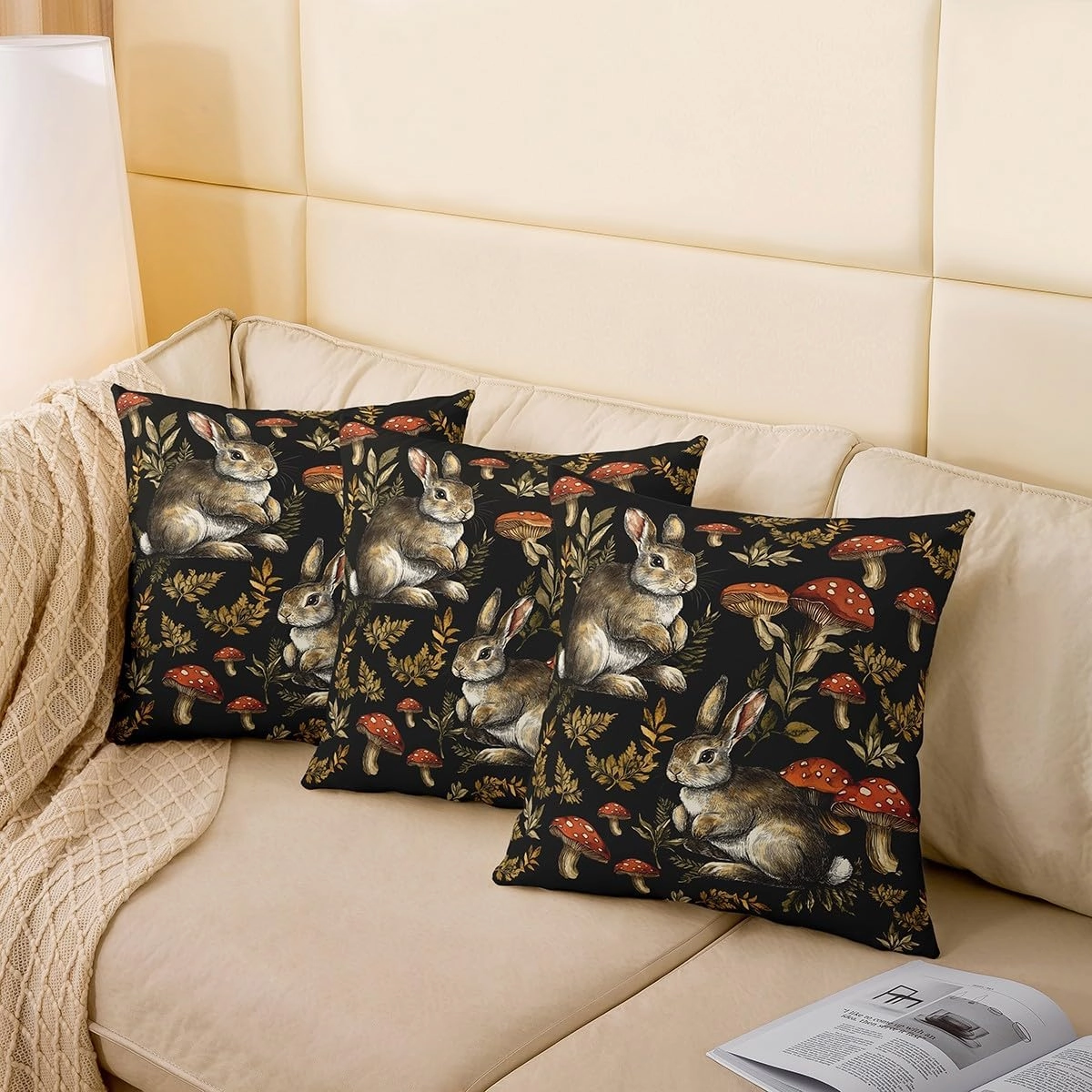 Rabbit Throw Pillow Cover 18x18 Inch Jungle Red Mushroom Green Leaves Cushion Cover for Kids Teens Adults Cute Wild Animal Rustic Style Pillow Case for Living Room Bed
