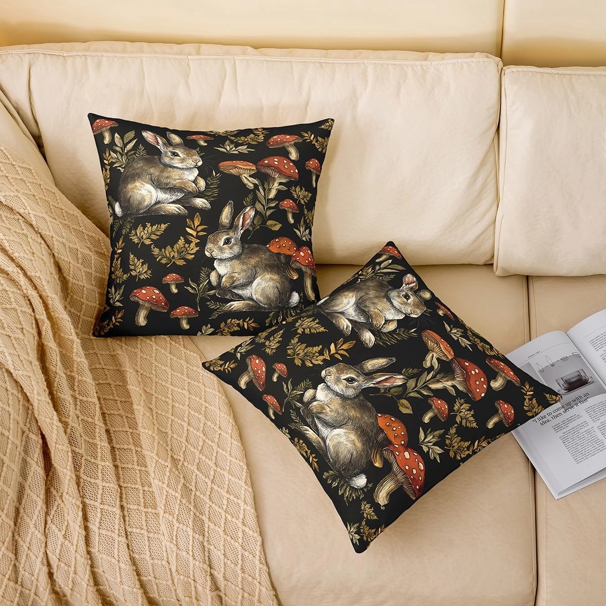 Rabbit Throw Pillow Cover 18x18 Inch Jungle Red Mushroom Green Leaves Cushion Cover for Kids Teens Adults Cute Wild Animal Rustic Style Pillow Case for Living Room Bed