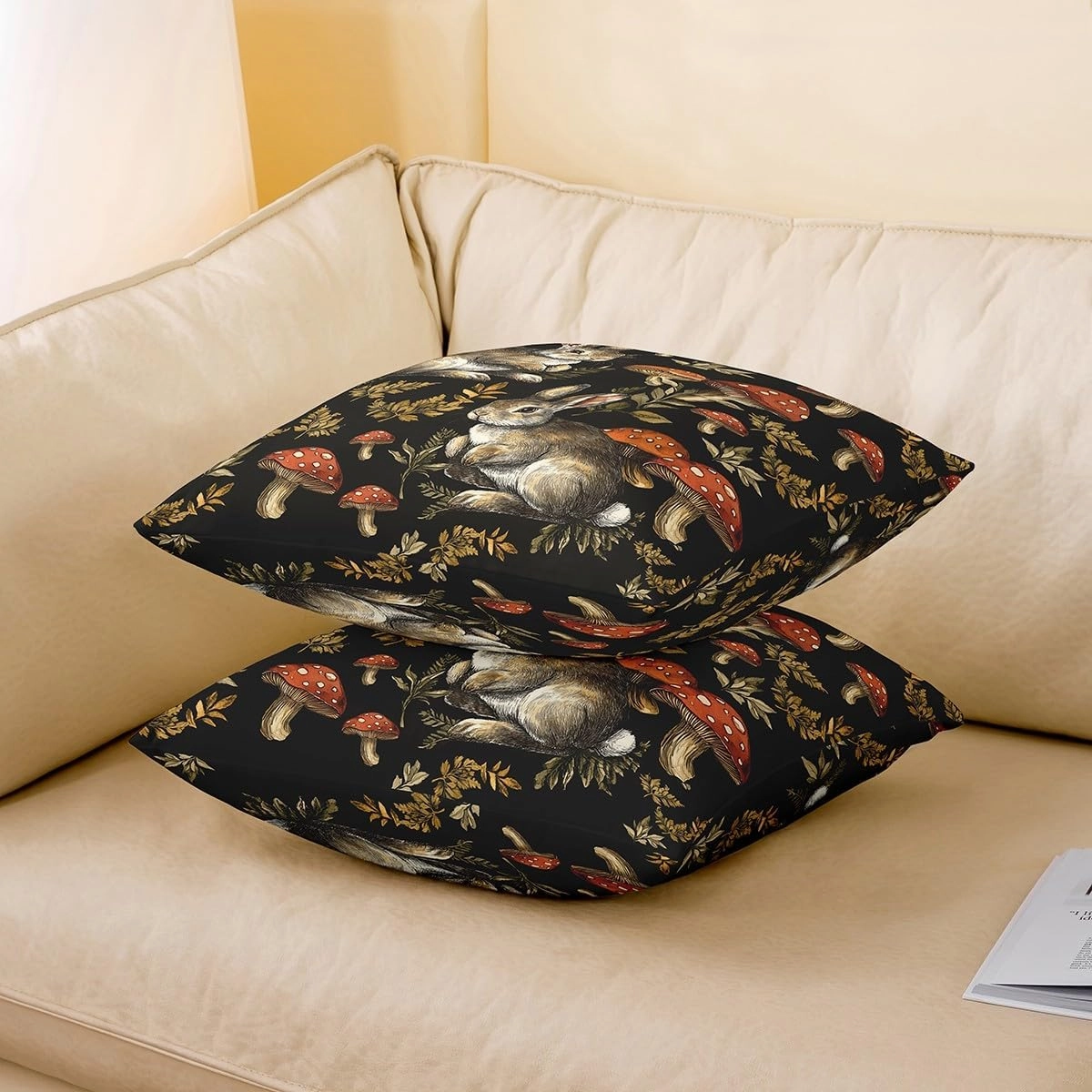Rabbit Throw Pillow Cover 18x18 Inch Jungle Red Mushroom Green Leaves Cushion Cover for Kids Teens Adults Cute Wild Animal Rustic Style Pillow Case for Living Room Bed