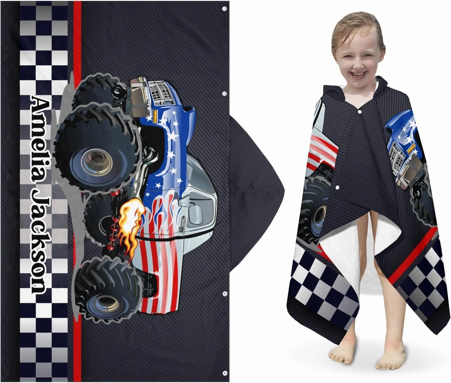 Race Car Truck Custom Hooded Bath Towel for Kids Boys Girls Wrap Microfiber 30X50 inches Personalized Beach Towels Poncho Gift for Swimming Sport