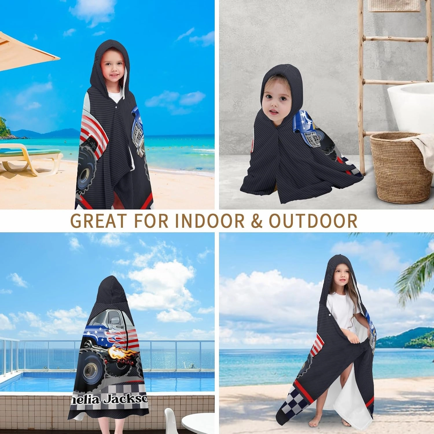Race Car Truck Custom Hooded Bath Towel for Kids Boys Girls Wrap Microfiber 30X50 inches Personalized Beach Towels Poncho Gift for Swimming Sport