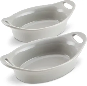 Rachael Ray Ceramics Au Gratin Set, Oval, Two 12-ounce, Light Sea Salt Gray