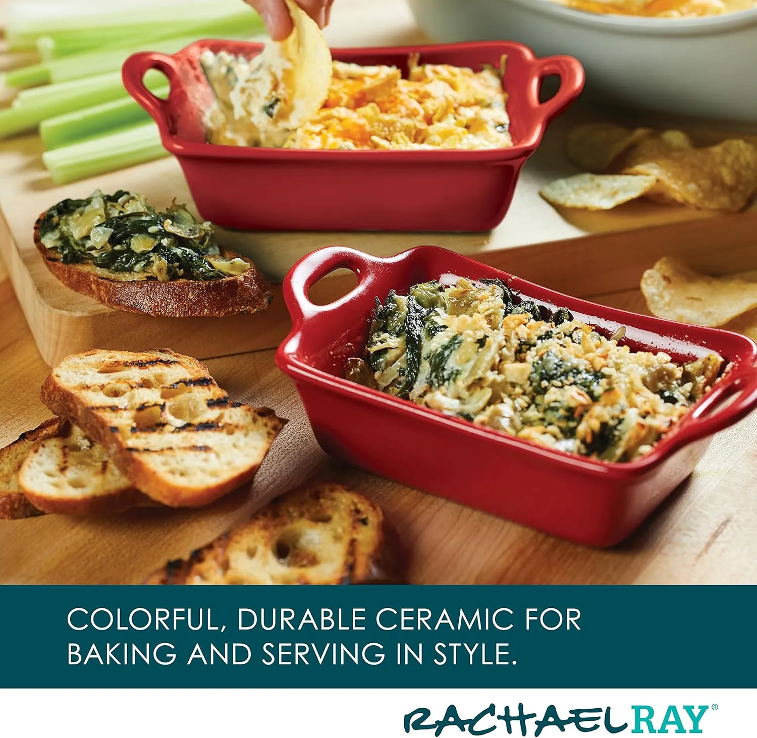 Rachael Ray Solid Glaze Ceramics Au Gratin Bakeware/Baker Set, Rectangular, 2 Piece, Red