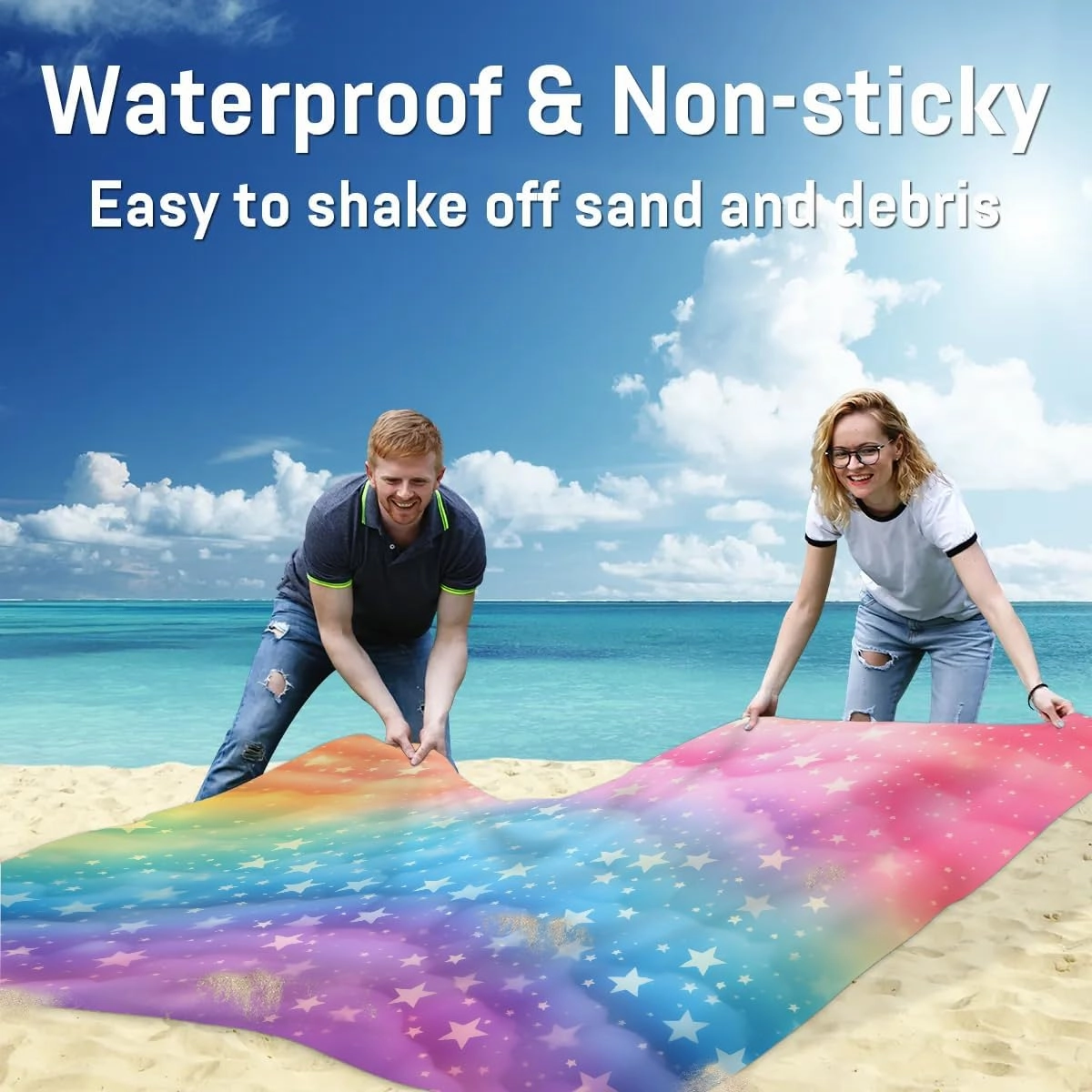 Rainbow Star Beach Blanket, Sandproof Beach Mat, 68 x 59 Waterproof Quick Drying Sand Free Mat with 4 x Ground Spikes for Outdoor Travel Camping Hiking, Rainbow
