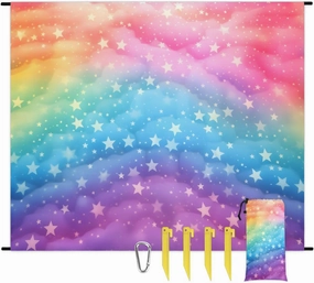 Rainbow Star Beach Blanket, Sandproof Beach Mat, 68 x 59 Waterproof Quick Drying Sand Free Mat with 4 x Ground Spikes for Outdoor Travel Camping Hiking, Rainbow