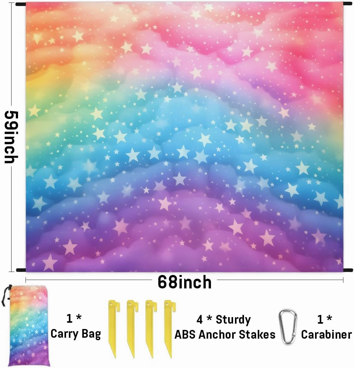 Rainbow Star Beach Blanket, Sandproof Beach Mat, 68 x 59 Waterproof Quick Drying Sand Free Mat with 4 x Ground Spikes for Outdoor Travel Camping Hiking, Rainbow