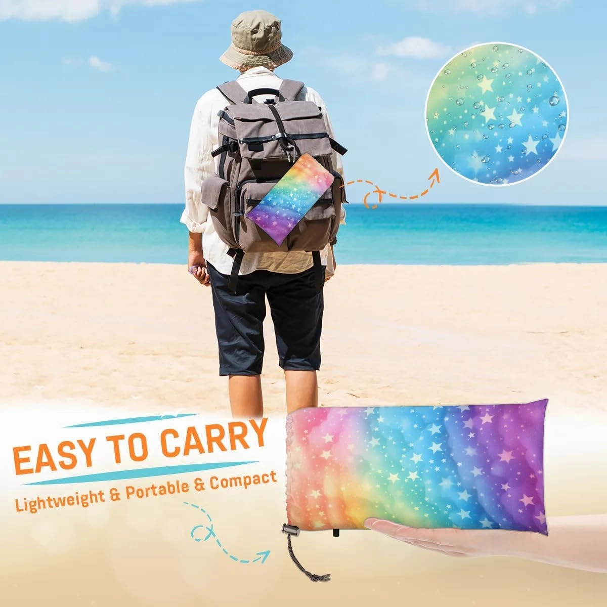 Rainbow Star Beach Blanket, Sandproof Beach Mat, 68 x 59 Waterproof Quick Drying Sand Free Mat with 4 x Ground Spikes for Outdoor Travel Camping Hiking, Rainbow