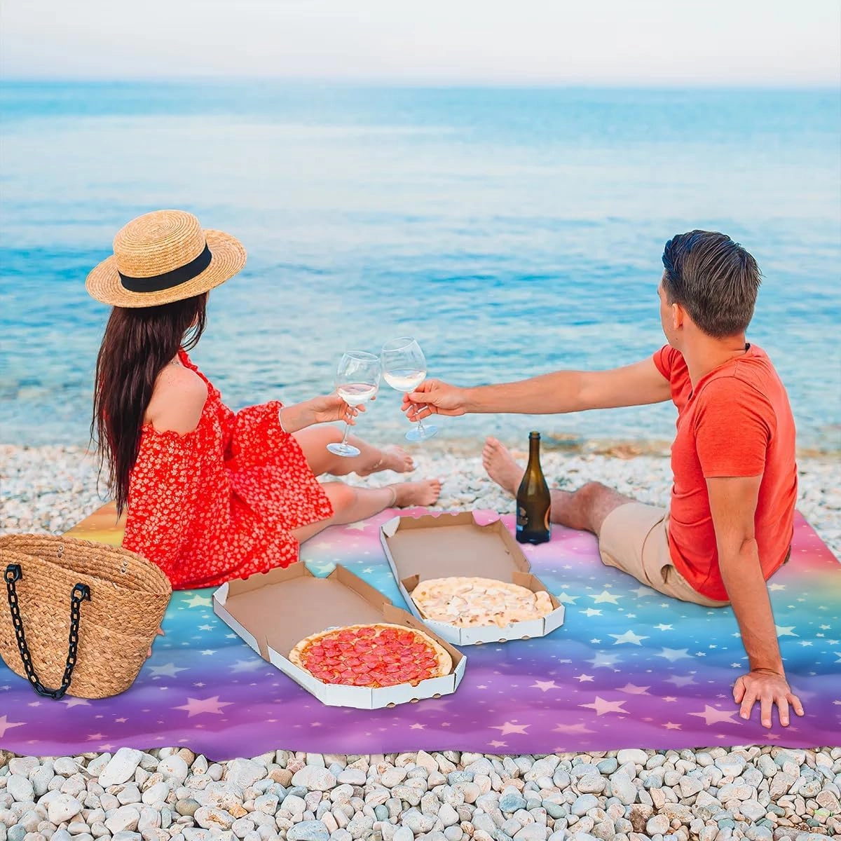 Rainbow Star Beach Blanket, Sandproof Beach Mat, 68 x 59 Waterproof Quick Drying Sand Free Mat with 4 x Ground Spikes for Outdoor Travel Camping Hiking, Rainbow