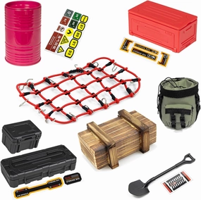 RC Crawler Car Decoration Kits Mini Simulation Luggage Net,Luggage, Camping Box,Package,Wood Box,Oil Drum,Mini Shovel Simulation Decorative Parts for 1/10 Trx4 Trx6 Axial SCX10 Redcat GEN 7 8 Rc4wd