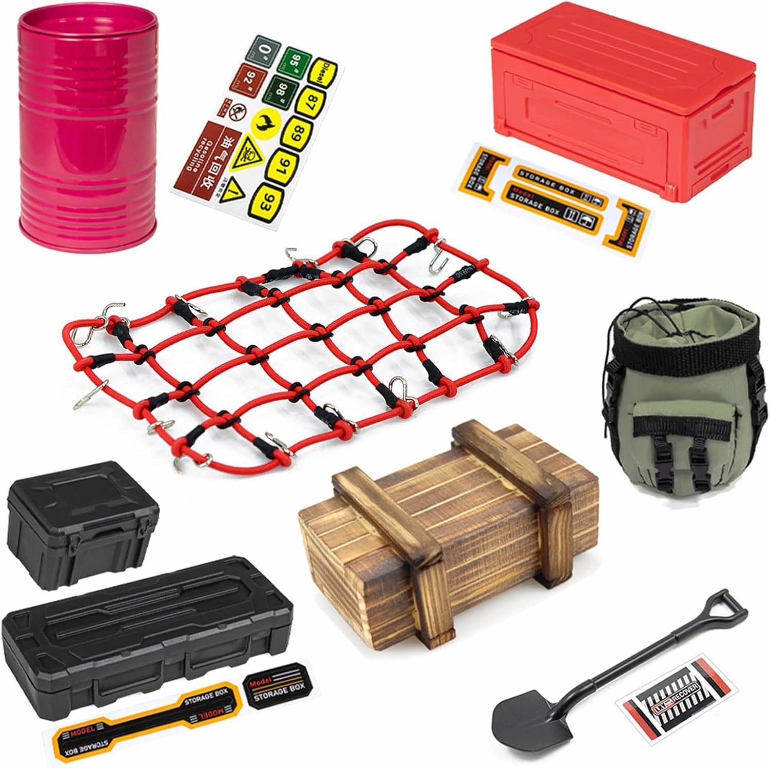 RC Crawler Car Decoration Kits Mini Simulation Luggage Net,Luggage, Camping Box,Package,Wood Box,Oil Drum,Mini Shovel Simulation Decorative Parts for 1/10 Trx4 Trx6 Axial SCX10 Redcat GEN 7 8 Rc4wd