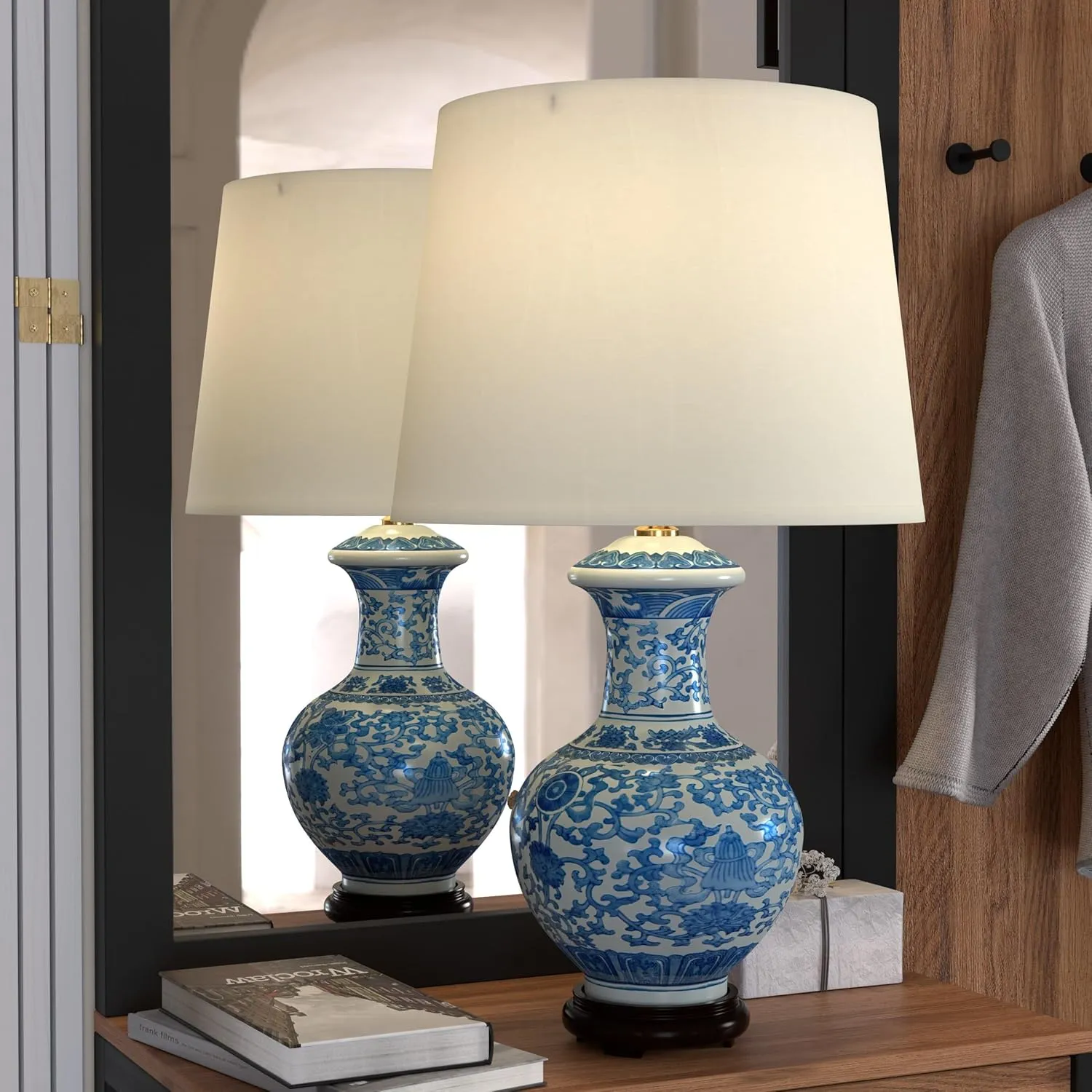 Red Lantern 24.5" Blue & White Porcelain Round Vase Lamp