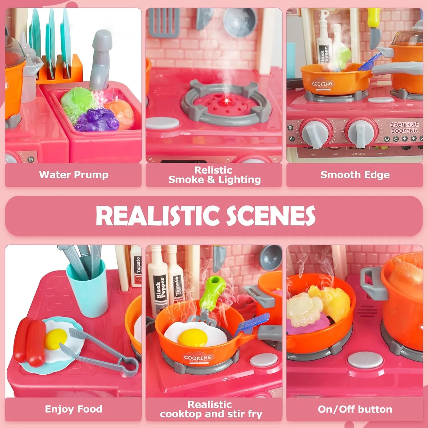 RedCrab Kids Kitchen Playset Toys,Simulate Mini Kitchen with Cool Light and Cooking Sound,Food Toys & Kitchen Accessories,Multi-Functional Cooking Assistant,Pretend Kitchen Set for Toddlers 3-8(Pink)