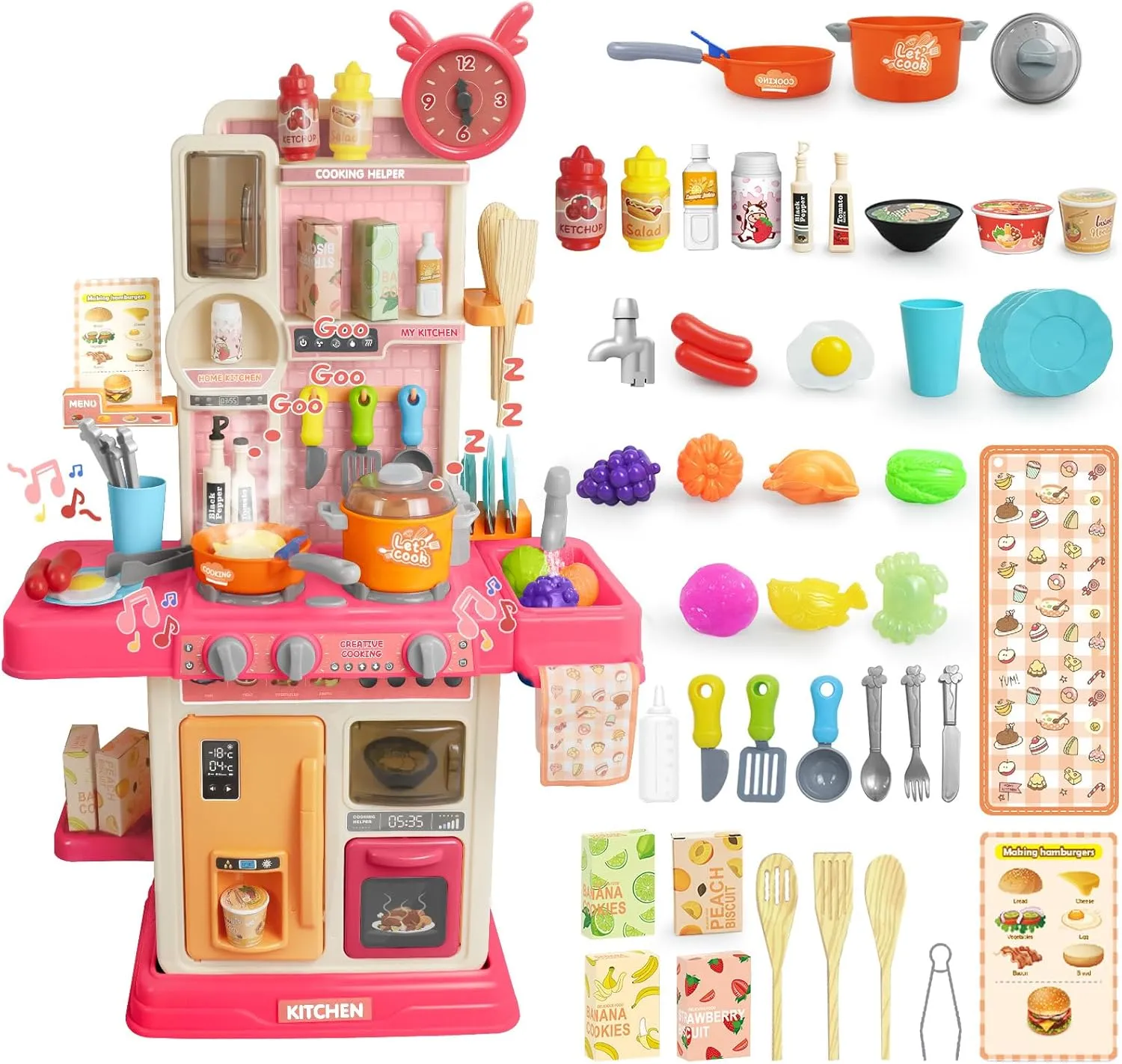 RedCrab Kids Kitchen Playset Toys,Simulate Mini Kitchen with Cool Light and Cooking Sound,Food Toys & Kitchen Accessories,Multi-Functional Cooking Assistant,Pretend Kitchen Set for Toddlers 3-8(Pink)