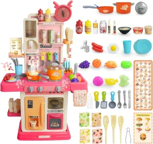 RedCrab Kids Kitchen Playset Toys,Simulate Mini Kitchen with Cool Light and Cooking Sound,Food Toys & Kitchen Accessories,Multi-Functional Cooking Assistant,Pretend Kitchen Set for Toddlers 3-8(Pink)