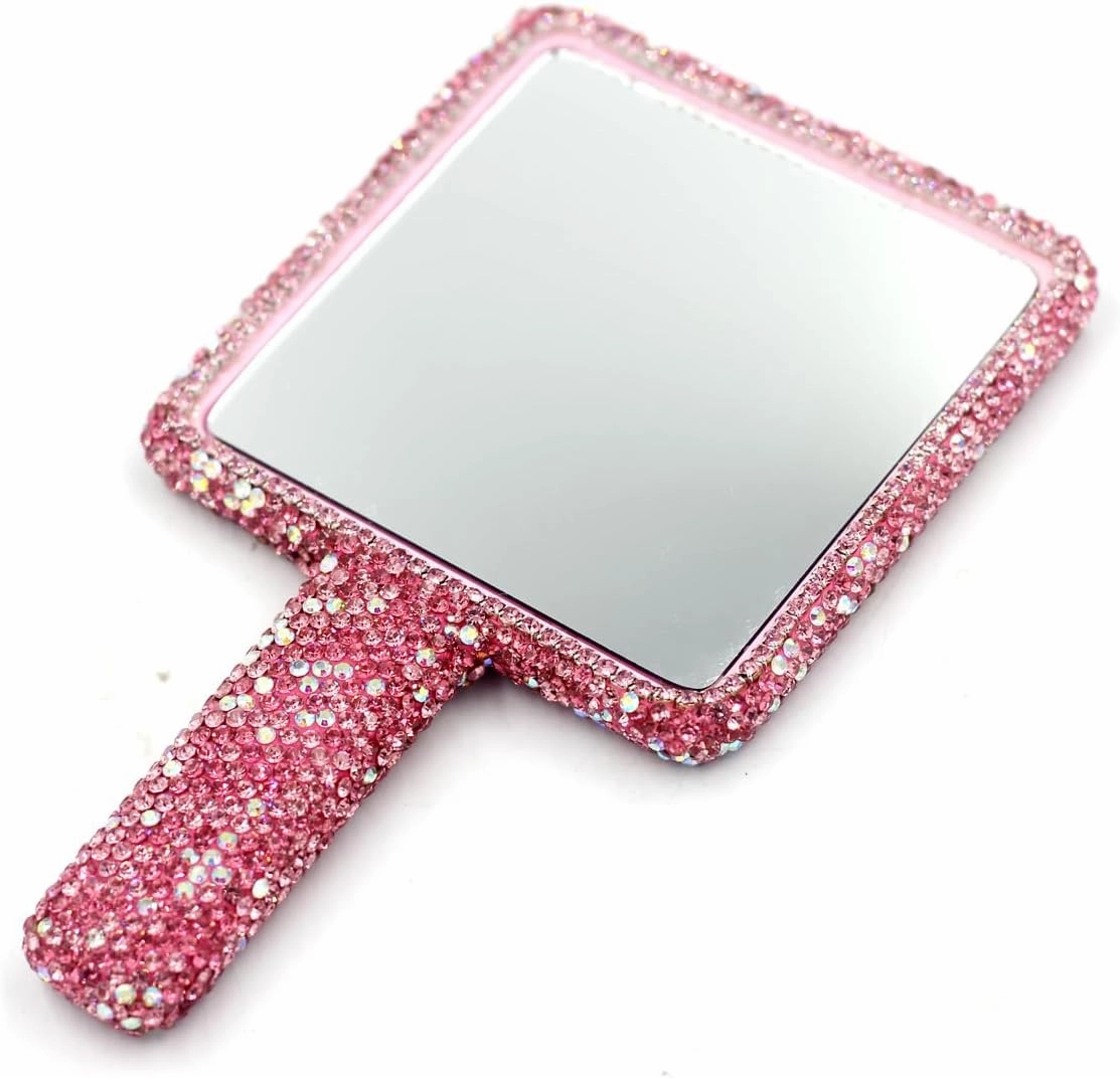 Rhinestone Hand Mirror - Bling Mirror with Dazzling Rhinestones, Perfect for Makeup and Decoration - Ideal Gift for Women and Girls (Square Pink)