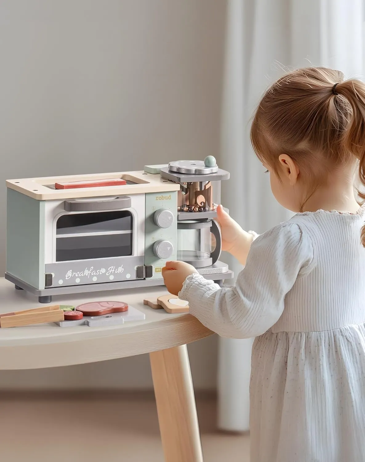 ROBUD Toddler Kitchen Playset - Wooden Breakfast Set with Coffee Maker, Toaster, Griddle, Play Food - Realistic Pretend Play Appliance and Accessories for Kids Ages 3  Boys and Girls (Mint Green)