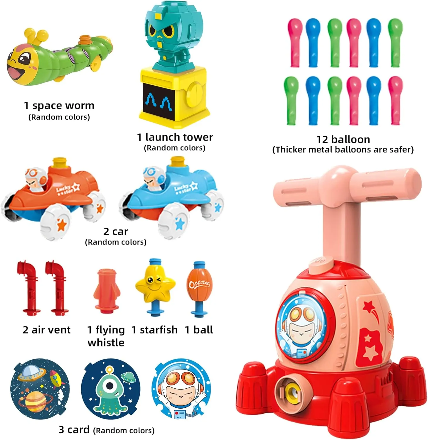Rocket Balloons with Pump,Balloon Powered Toy Car with 12 PCS Balloons and Car Launcher Tower, Party Supplies Balloon Toys for Kids Ages 3  (Rocket-Red)